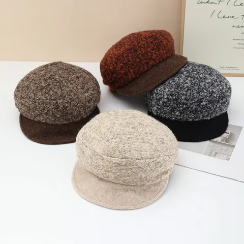 Women Retro Newsboy Hat Loop Yarn Spliced Wool Felt Soft Brim Beret Autumn Winter Warm Casual Fashion Painter Hat