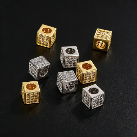 Gold Plated Copper Square Cube Pendant Rhinestone Inlaid Spacer Bead Only For DIY Bracelet Necklace Handmade Jewelry Accessory