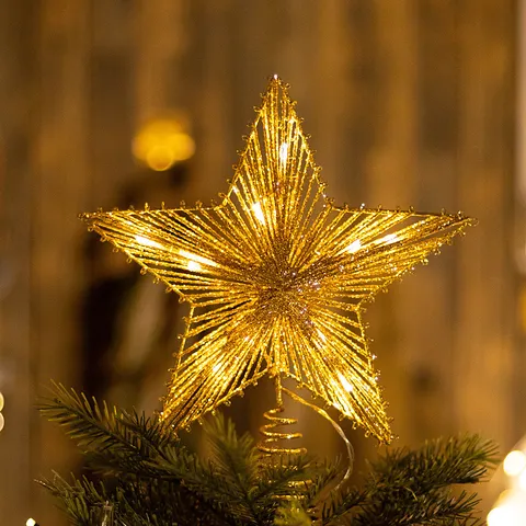 LED Lit Iron Art Christmas Tree Topper Star Reindeer Gold Silver Glitter Tree Top Ornament For Festive Holiday Indoor Decoration Home Xmas Decor