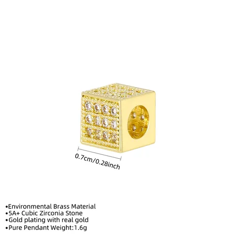 Gold Plated Copper Square Cube Pendant Rhinestone Inlaid Spacer Bead Only For DIY Bracelet Necklace Handmade Jewelry Accessory