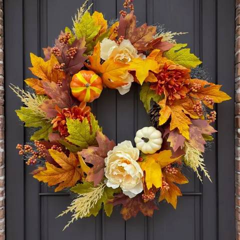 Autumn Eucalyptus Pumpkin Wreath Thanksgiving Front Door Decoration Maple Leaf Pine Cone Berry Artificial Flower Harvest Decor