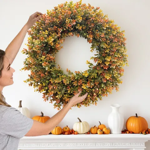 Artificial Autumn Boxwood Wreath Large Fall Eucalyptus Wreath For Front Door Wall Hanging Christmas Thanksgiving Home Decor
