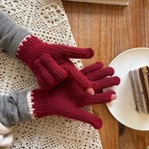 Women Winter Knitted Gloves Warm Touch Screen Polyester Gloves Casual Sweet Style Daily Wear Thermal Gloves