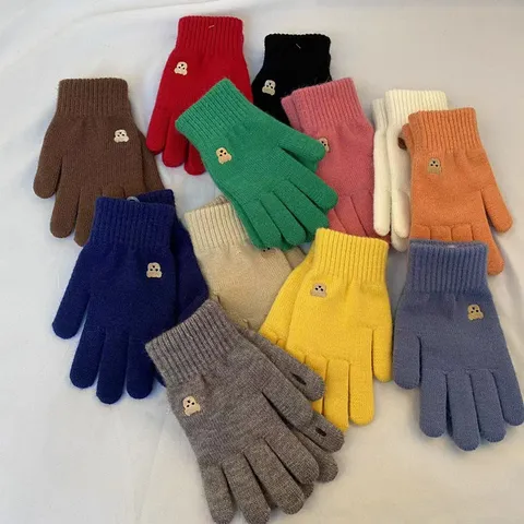 Winter Warm Knitted Gloves For Women Cute Bear Embroidery Touch Screen Thickened Solid Color Thermal Mittens Outdoor Cycling