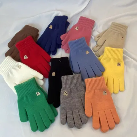 Winter Warm Knitted Gloves For Women Cute Bear Embroidery Touch Screen Thickened Solid Color Thermal Mittens Outdoor Cycling
