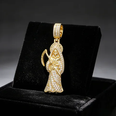 Santa Muerte Sensenmann Anhänger Kupfer 18K Vergoldet Mikropavé Zirkonia Hip Hop Schmuckzubehör Nur Anhänger Ohne Kette