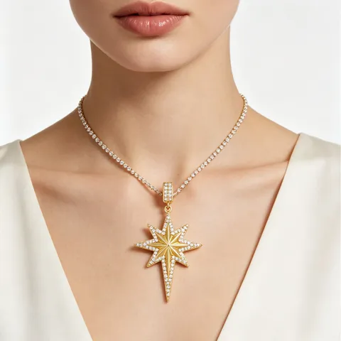 Hip Hop Iced Out Achtpuntige Ster Hanger Ketting Voor Mannen Vrouwen Verguld Koper Strass Zonnebloem Poolster Sieraden Cadeau