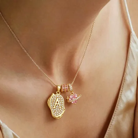 18K Gold Plated Copper Initial Necklace For Women Zirconia Oval Letter Pendant Heart Planet Box Chain Personalised Jewelry