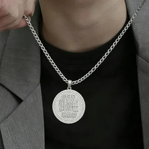 Stay Humble Hustle Hard Medallion Pendant For Men Women Hip Hop Iced Out Zirconia Round Letters Pendant Copper 18K Gold Plated Jewelry
