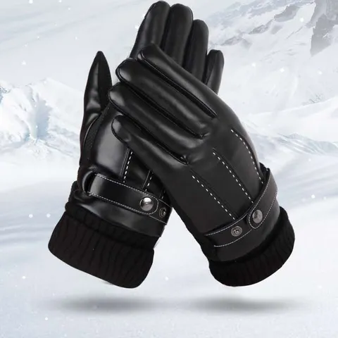 Men's Winter Warm Faux Leather Gloves Thickened Fleece Lined Windproof Cold Proof Outdoor Cycling Driving Gloves