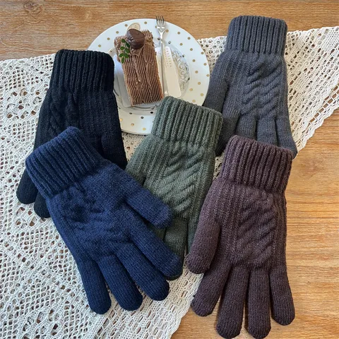 Men Winter Thickened Fleece Lined Touchscreen Gloves Windproof Thermal Cable Knit Imitation Cashmere Cold Weather Mittens