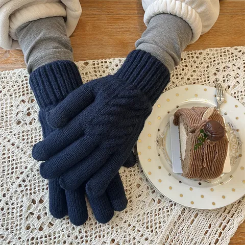 Men Winter Thickened Fleece Lined Touchscreen Gloves Windproof Thermal Cable Knit Imitation Cashmere Cold Weather Mittens