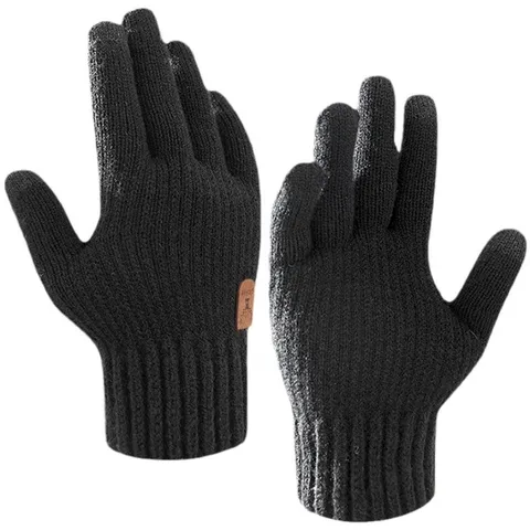Men Winter Double Layer Warm Gloves Touch Screen Cold Resistant Thickened Plus Velvet Knitted Jacquard Split-Finger Gloves