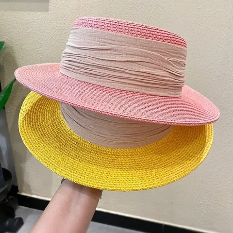 Women's French Vintage Flat Top Straw Hat Summer Beach Vacation Wide Brim Sun Hat Foldable Casual Sunshade Hat