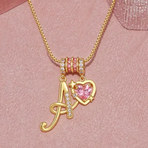 Elegant Brass Pink Heart Zirconia Initial Letter Necklace For Women Sweet Alphabet Pendant Jewelry Instagram Style Gift