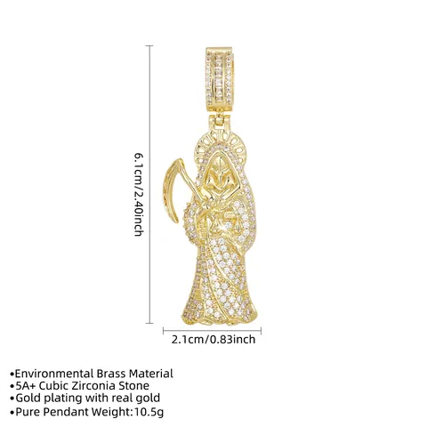 Santa Muerte Sensenmann Anhänger Kupfer 18K Vergoldet Mikropavé Zirkonia Hip Hop Schmuckzubehör Nur Anhänger Ohne Kette
