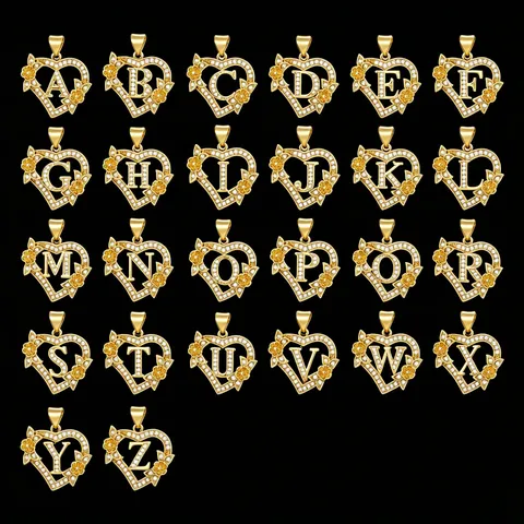18K Gold Plated Copper Heart Alphabet Pendant Necklace Zirconia Initial Letter Flower Hollow Pendant Jewelry For Women
