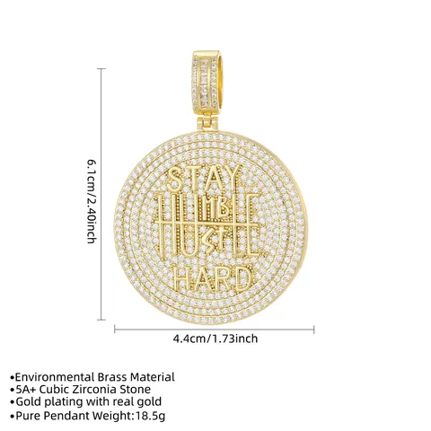 Stay Humble Hustle Hard Medallion Pendant For Men Women Hip Hop Iced Out Zirconia Round Letters Pendant Copper 18K Gold Plated Jewelry