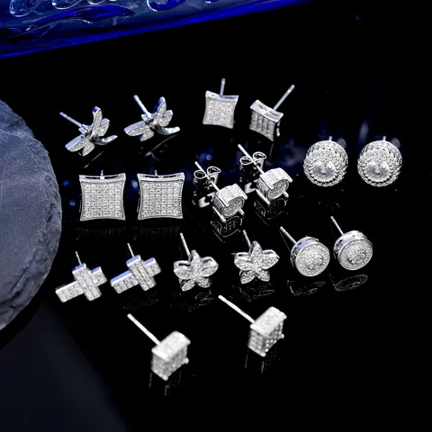 Hip Hop Copper Rhinestone Stud Earrings For Men Women Cristiano Ronaldo Style Micro Pave Geometric Ear Piercing Jewelry