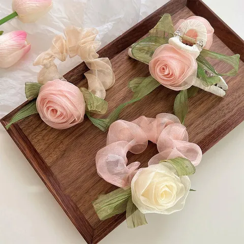 Chouchou Fleur Rose Large Style Coréen Élastique Cheveux en Tissu Éthéré Rose Beige Pince à Cheveux Fleur Nœud Accessoires Floraux pour Femmes
