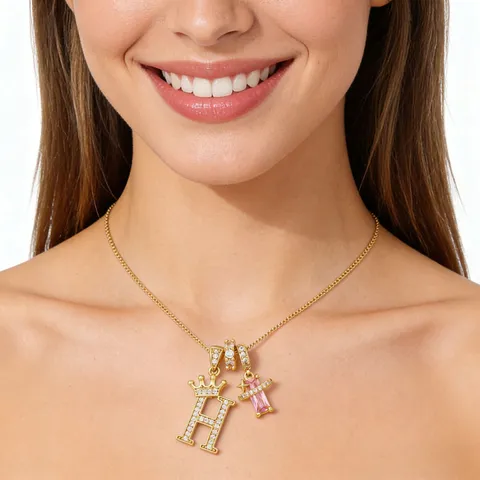 Women Elegant Gold Plated Copper Cubic Zirconia Initial Pendant Necklace With Crown And Pink Gemstone Dopamine Style Jewelry Gift
