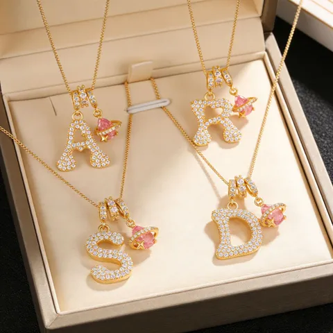 Copper Zirconia Initial Letter Pendant Necklace Heart Planet Saturn Charm Box Chain For Women Girls Fashion Jewelry Gift