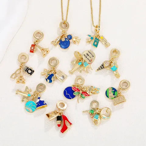 Travel Theme Copper Enamel Pendant Necklace 18K Gold Plated Rhinestone Airplane Astronaut Camera Eiffel Tower DIY Jewelry Accessory For Women