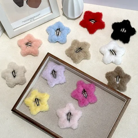 Pince à Cheveux Étoile Cœur en Peluche Douce Épingle à Cheveux Étoile en Fausse Fourrure Mignonne Accessoires Cheveux Hiver Femmes