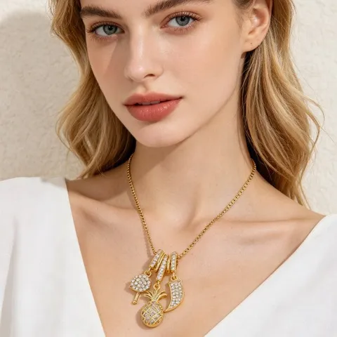 Fashion Copper 18K Gold Plated Splicing Rhinestone Pendant Necklace Sunflower Pineapple Chili Choker Jewelry For Women