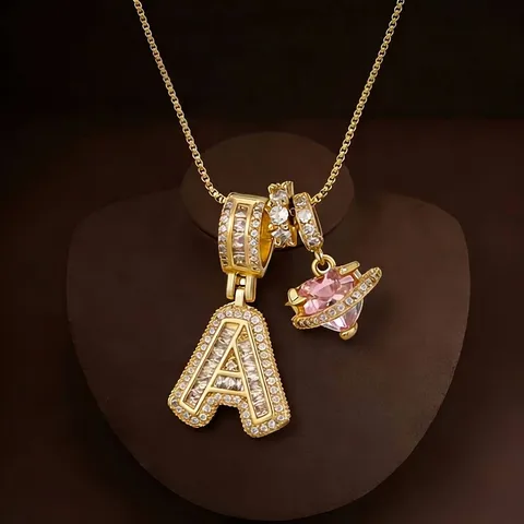 18K Gold Plated Copper Zirconia Initial Letter Pendant Necklace Pink Heart Saturn Planet Box Chain Women Fashion Jewelry