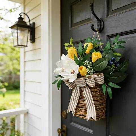 Spring Front Door Basket Artificial Magnolia Tulip Flower Arrangement Farmhouse Woven Basket Hanging Floral For Home Wall Decor