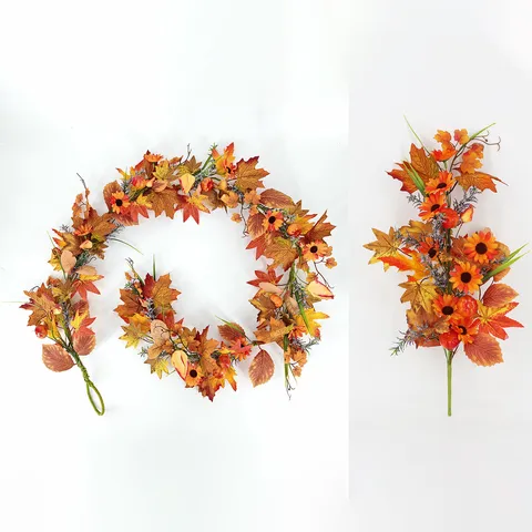 Artificial Thanksgiving Maple Leaf Garland Sunflower Pumpkin Berry Vine For Harvest Festival Home Wall Table Decoration