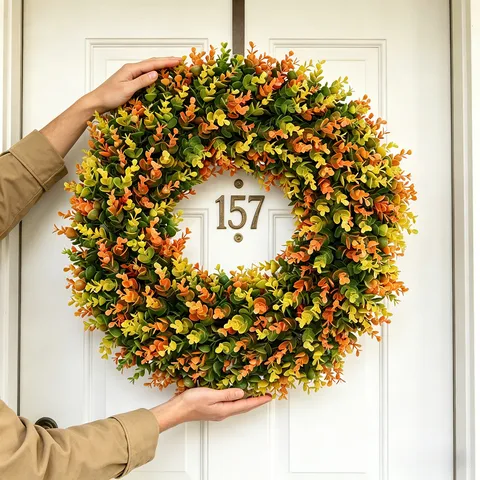 Artificial Boxwood Eucalyptus Leaf Wreath Gradient Autumn Thanksgiving Front Door Hanging Decor Folding Ornament For Home