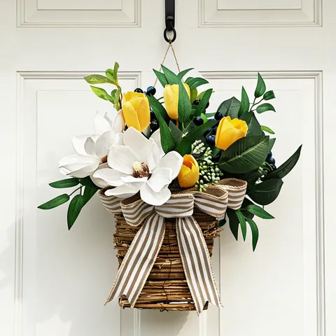 Spring Front Door Basket Artificial Magnolia Tulip Flower Arrangement Farmhouse Woven Basket Hanging Floral For Home Wall Decor