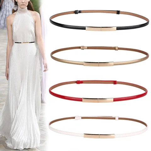 Minimalist Genuine Cowhide Leather Skinny Belt For Women Adjustable Alloy Buckle Thin Waist Strap For Dresses Fashion Accessory