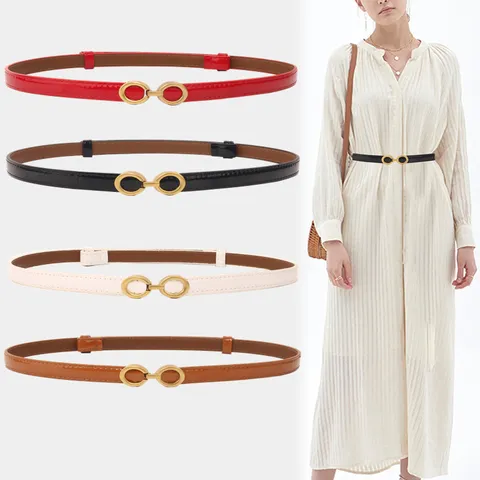 Cintura Sottile in Vera Pelle da Donna Semplice Cintura in Pelle Verniciata con Fibbia a Doppio Anello in Metallo per Abiti Jeans