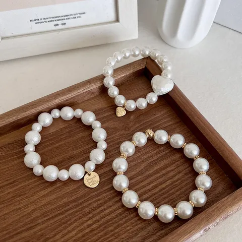 Korean Style Artificial Pearl Hair Ring Dual-Use Bracelet Heart Gold Metal Pendant Elastic Hair Tie For Women Ins Jewelry