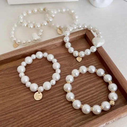 Korean Style Artificial Pearl Hair Ring Dual-Use Bracelet Heart Gold Metal Pendant Elastic Hair Tie For Women Ins Jewelry