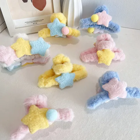 Grande Pince à Cheveux en Peluche Étoile Clip Requin en Fausse Fourrure Douce Coréenne Accessoires Cheveux Automne Hiver pour Femmes