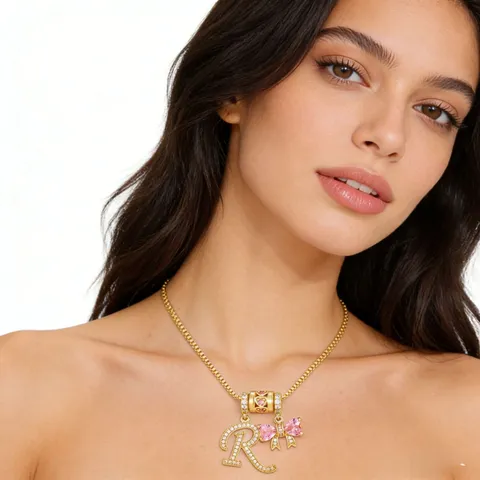 18K Gold Plated Copper Heart Letter Zirconia Pendant Necklace For Women Sweet Girly Style Neck Jewelry Pendant And Chain