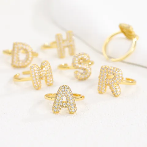 Balloon Bubble 26 English Letter Open Ring Copper Rhinestone Pave Adjustable Finger Ring For Women Personalized Fashion Jewelry