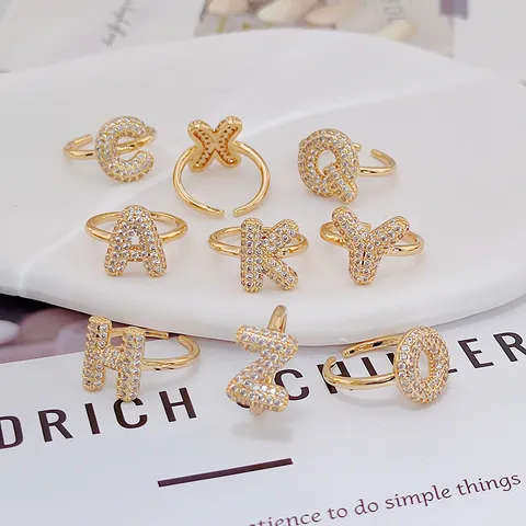 Balloon Bubble 26 English Letter Open Ring Copper Rhinestone Pave Adjustable Finger Ring For Women Personalized Fashion Jewelry