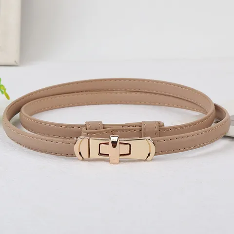 Cintura Sottile Minimalista in Vera Pelle Bovina da Donna Cintura da Abito Sottile con Fibbia di Blocco in Metallo Dorato