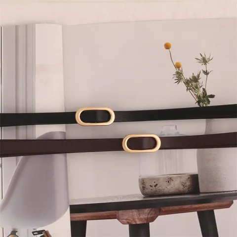 Minimalist PU Leather Belt For Women Slim Dress Suit Waist Band Gold Oval Metal Buckle Casual Everyday Fashion Accessory