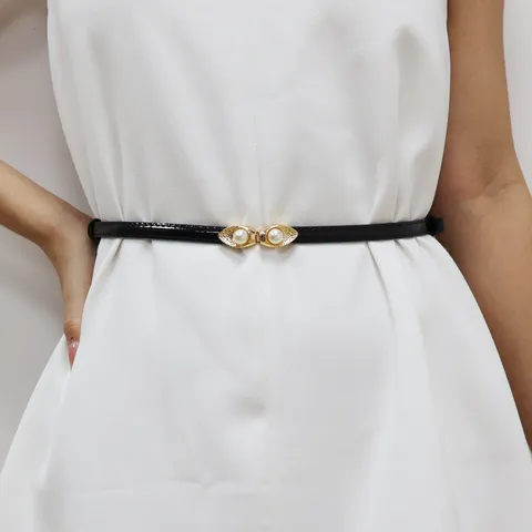 Dames Smalle PU Lederen Riem Elegante Parel In elkaar grijpende Gesp Jurk Tailleband Minimalistisch Veelzijdige Tailleband