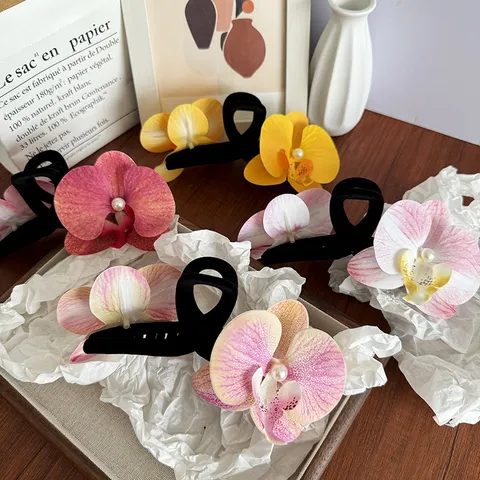 Grande Pince à Cheveux Orchidée Phalaenopsis 3D Florale Clip Requin pour Femmes Style Forêt Doux avec Perle Artificielle