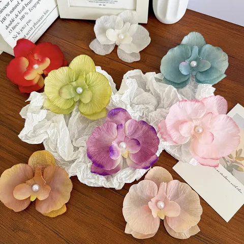 Handmade Fabric Phalaenopsis Orchid Hair Clip Ethereal Forest Style Artificial Pearl Flower Barrettes Duckbill Clip Hair Accessories For Women