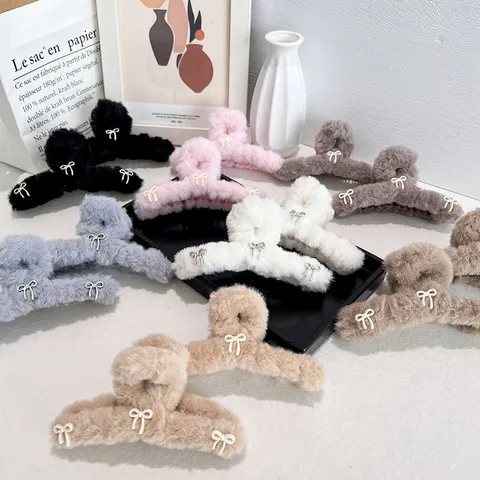 Pince à Cheveux en Peluche Balletcore Grand Nœud Doux Fausse Fourrure Pince Requin Accessoires Cheveux Hiver Femme