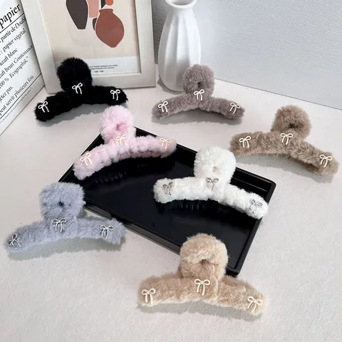 Pince à Cheveux en Peluche Balletcore Grand Nœud Doux Fausse Fourrure Pince Requin Accessoires Cheveux Hiver Femme