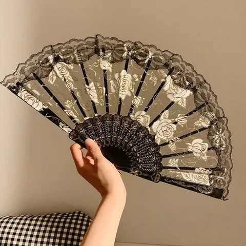 Neu Chinesisch Vintage Spitze Rose Fächer Damen Tanz Fotografie Hanfu Qipao Requisite Schwarz Weiß Klappbarer Handfächer